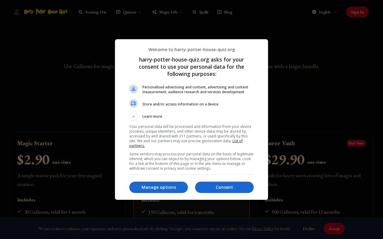 Harry Potter House Quiz ORG — pricing page