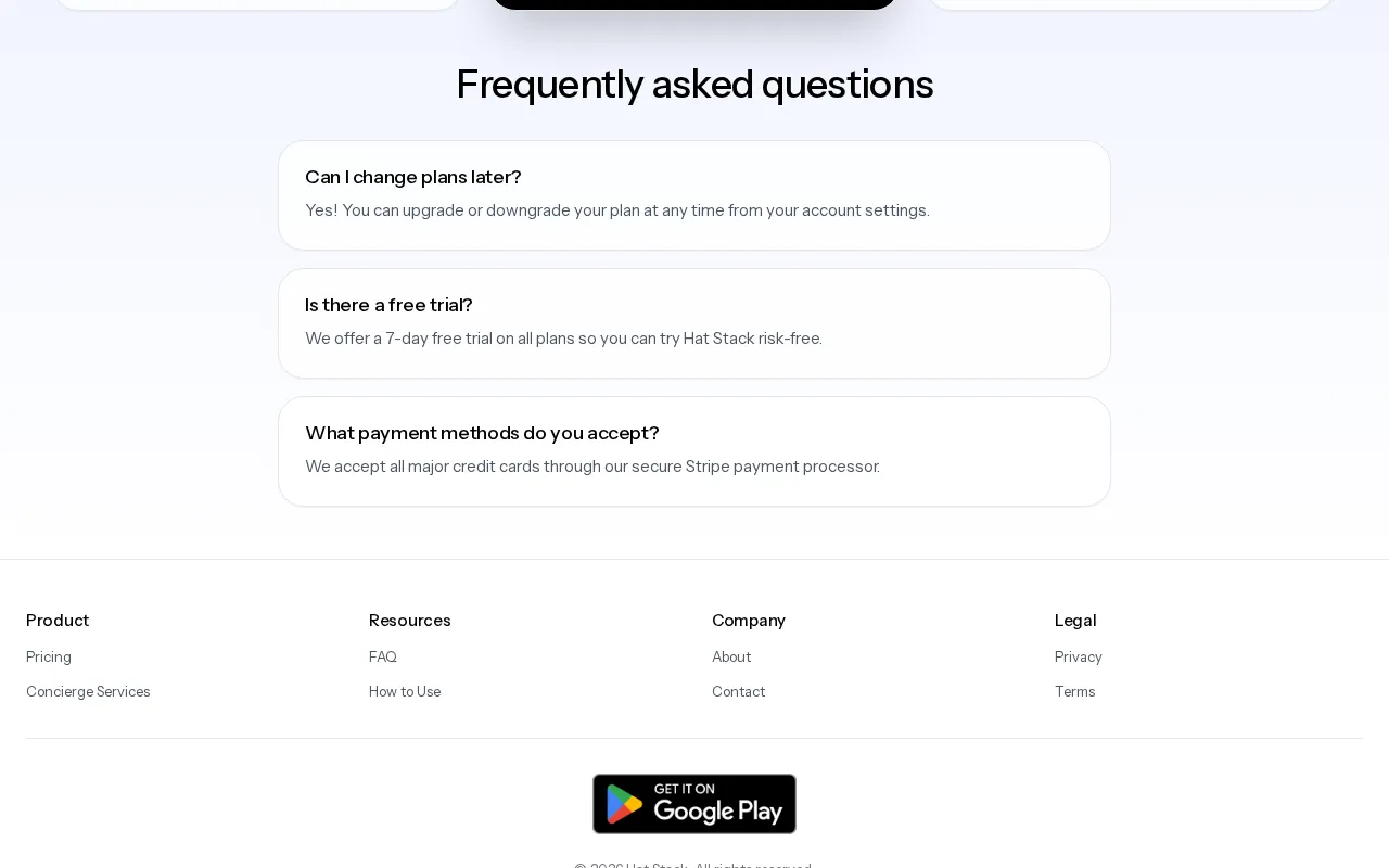 Hat Stack — pricing page