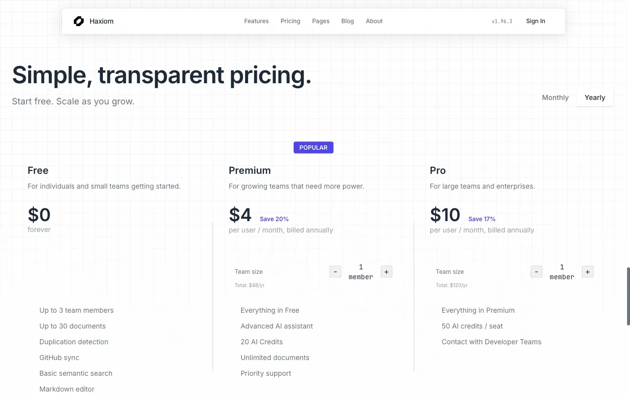 Haxiom — pricing page