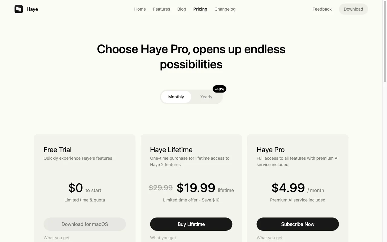 Haye — pricing page