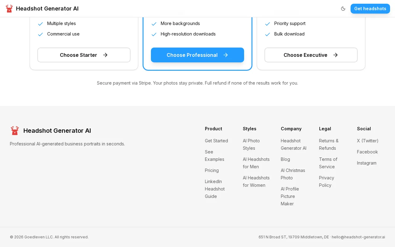 Headshot Generator AI — pricing page