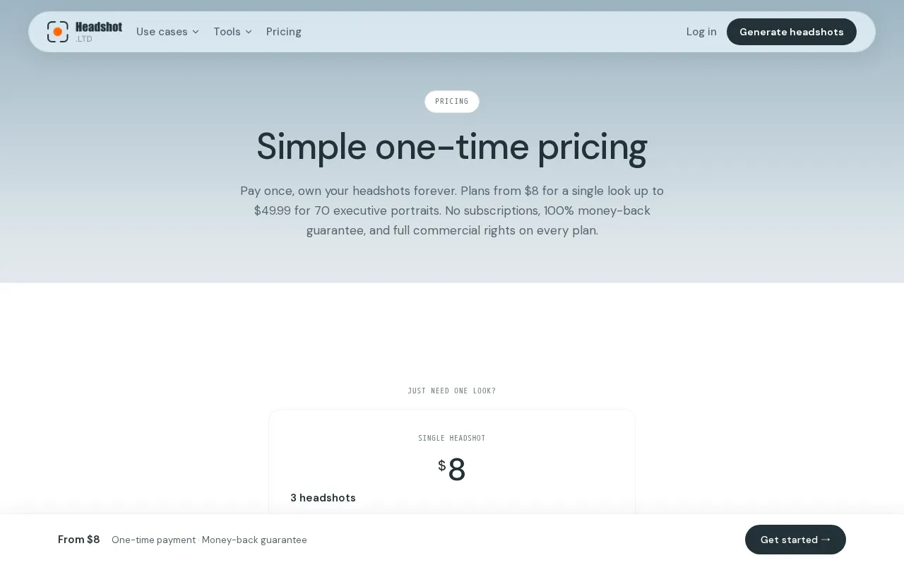 Headshot.ltd — pricing page