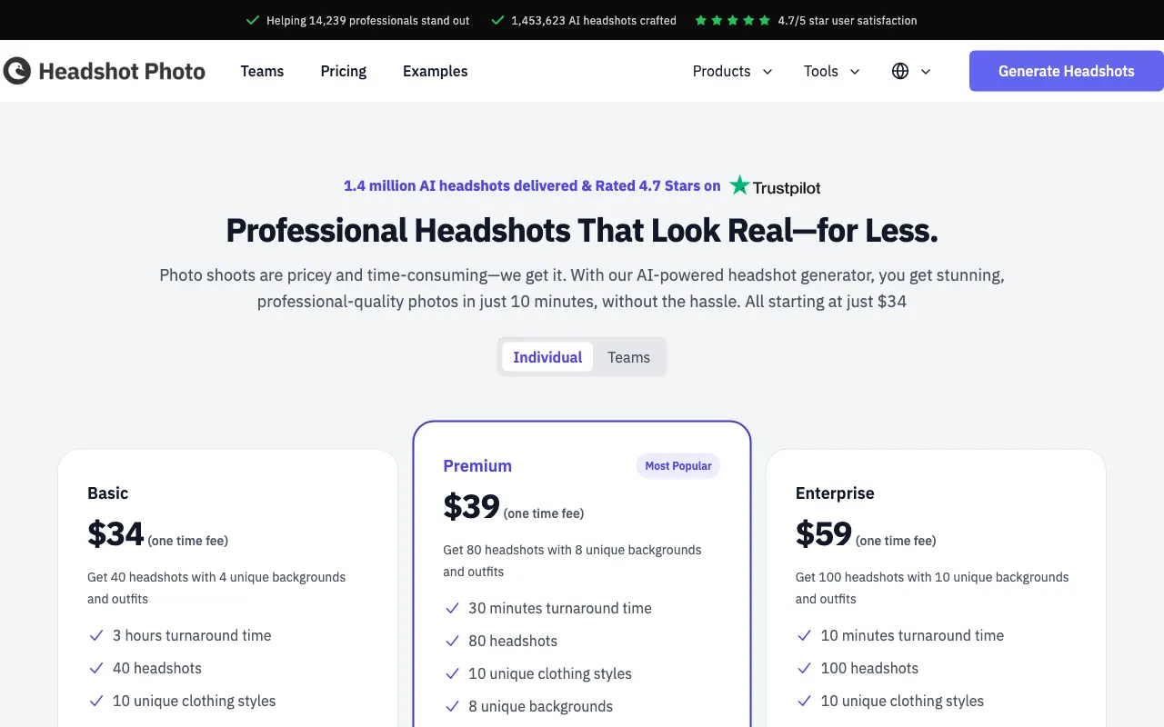 HeadshotPhoto — pricing page
