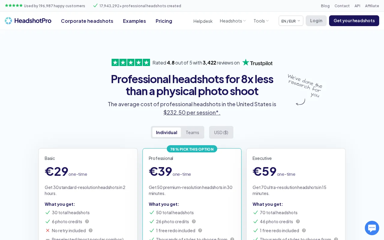 Headshot Pro — pricing page