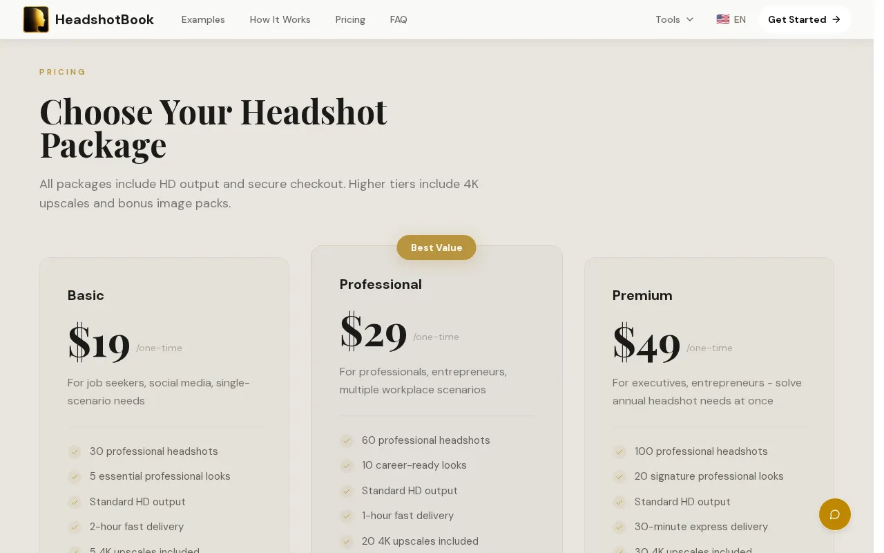 HeadshotBook — pricing page