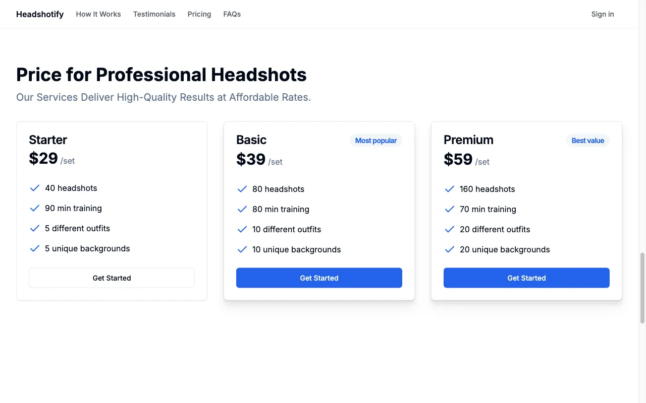 Headshotify — pricing page