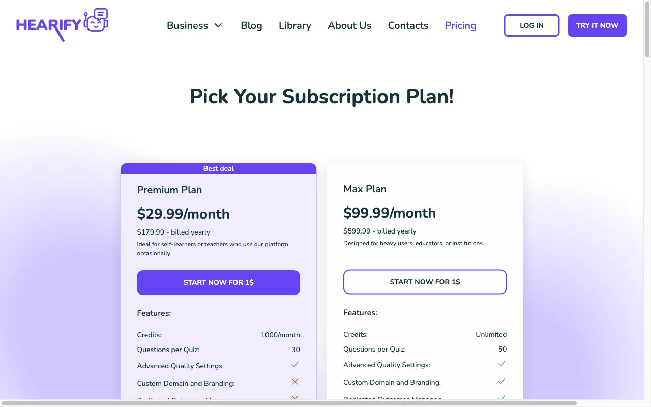 Hearify — pricing page