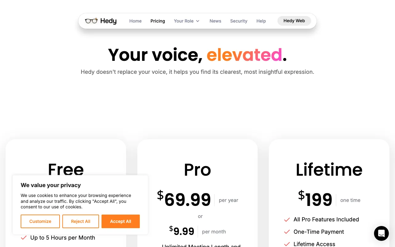 Hedy AI — pricing page