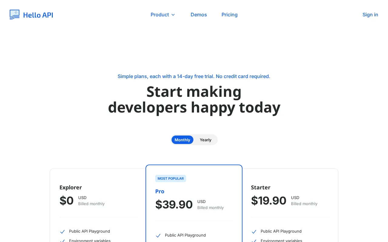 Hello API — pricing page