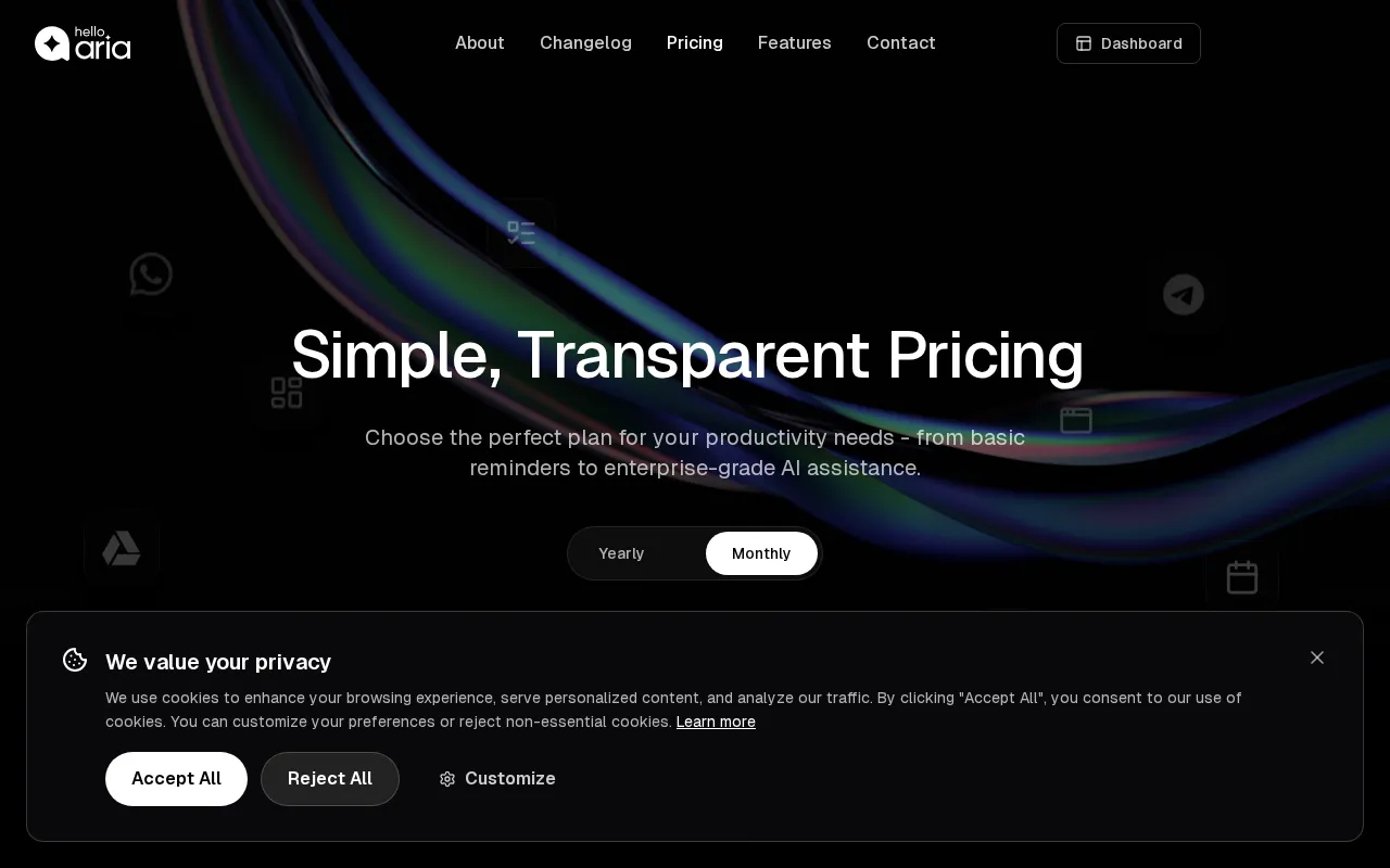 Hello Aria — pricing page
