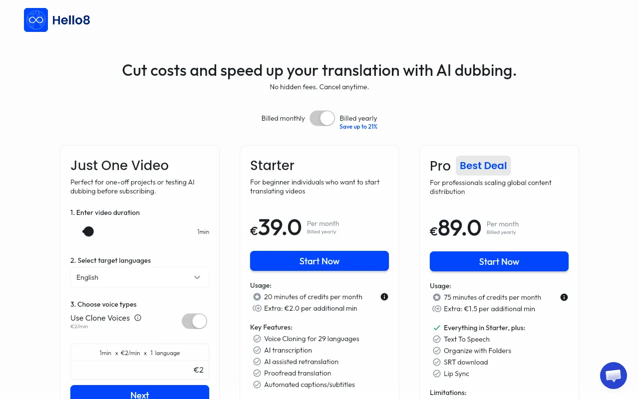 Hello8 — pricing page