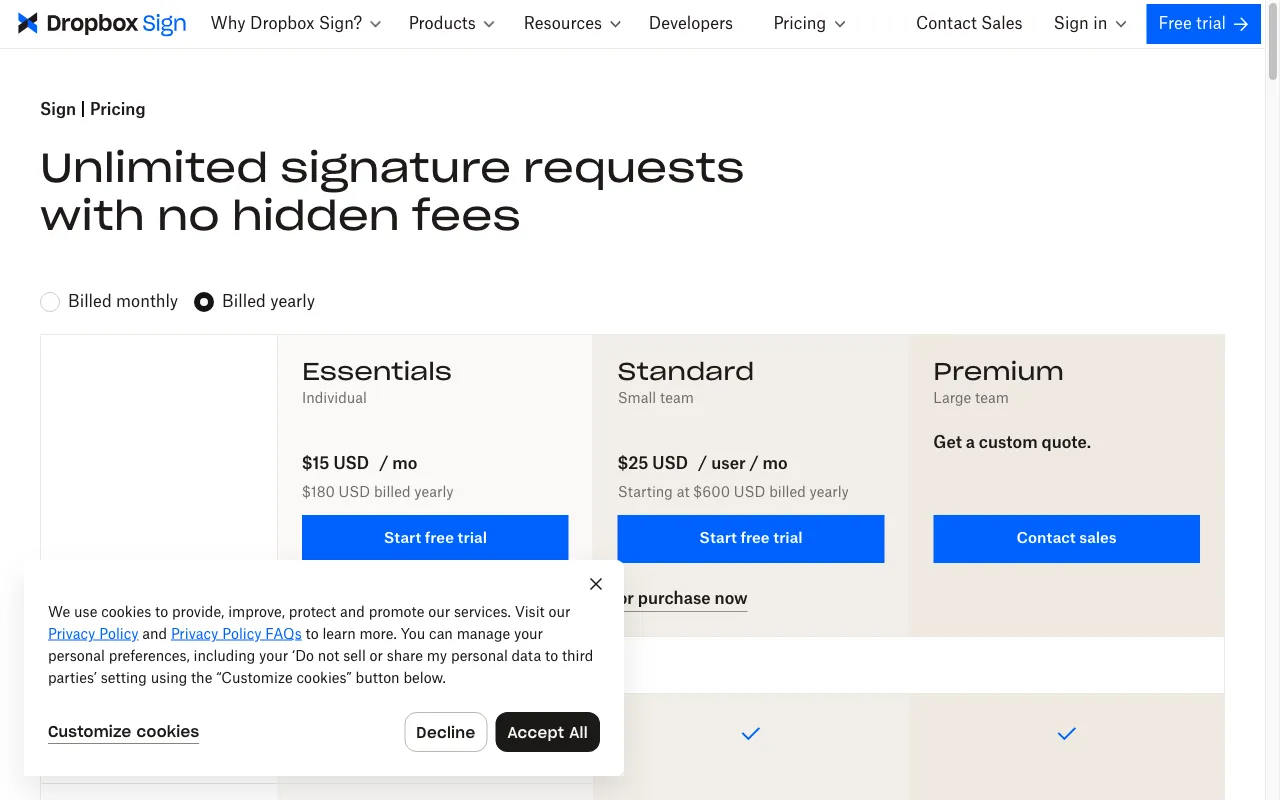 HelloSign — pricing page
