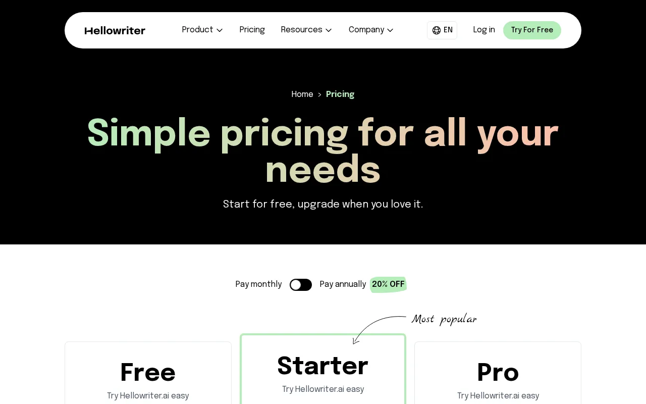 Hellowriter — pricing page