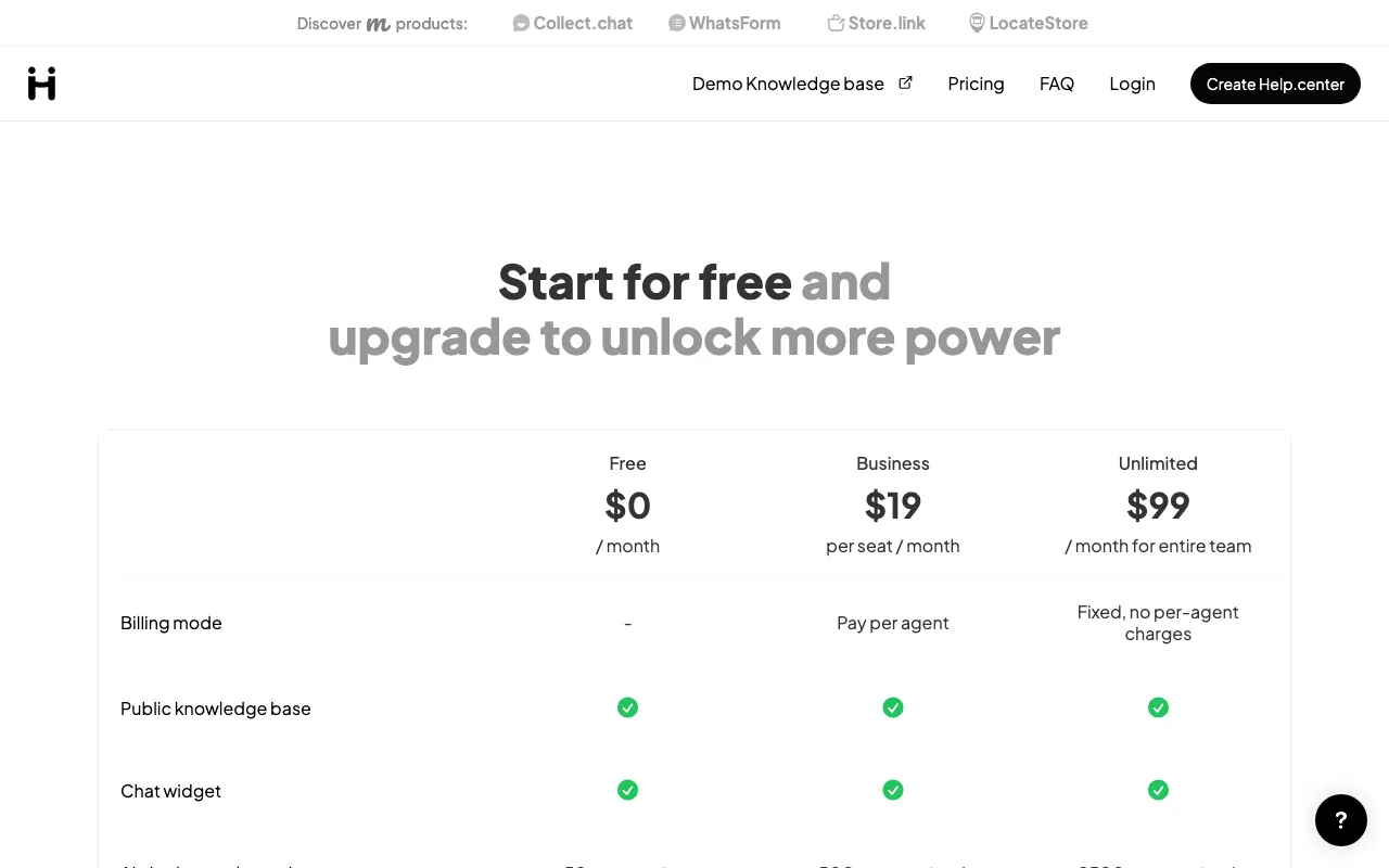 Help.center — pricing page