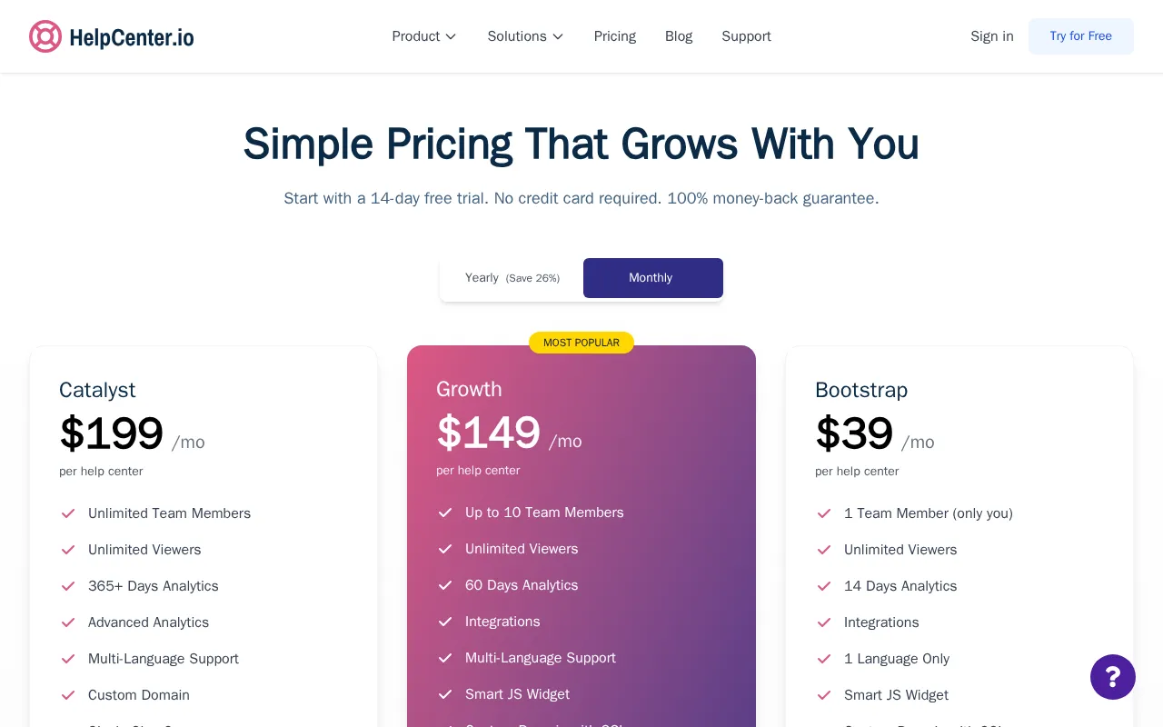 Helpcenter — pricing page