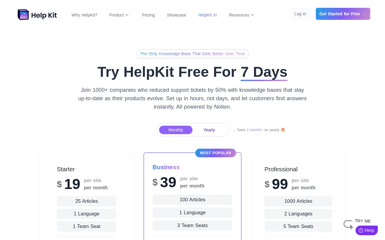 HelpKit Knowledge Base — pricing page