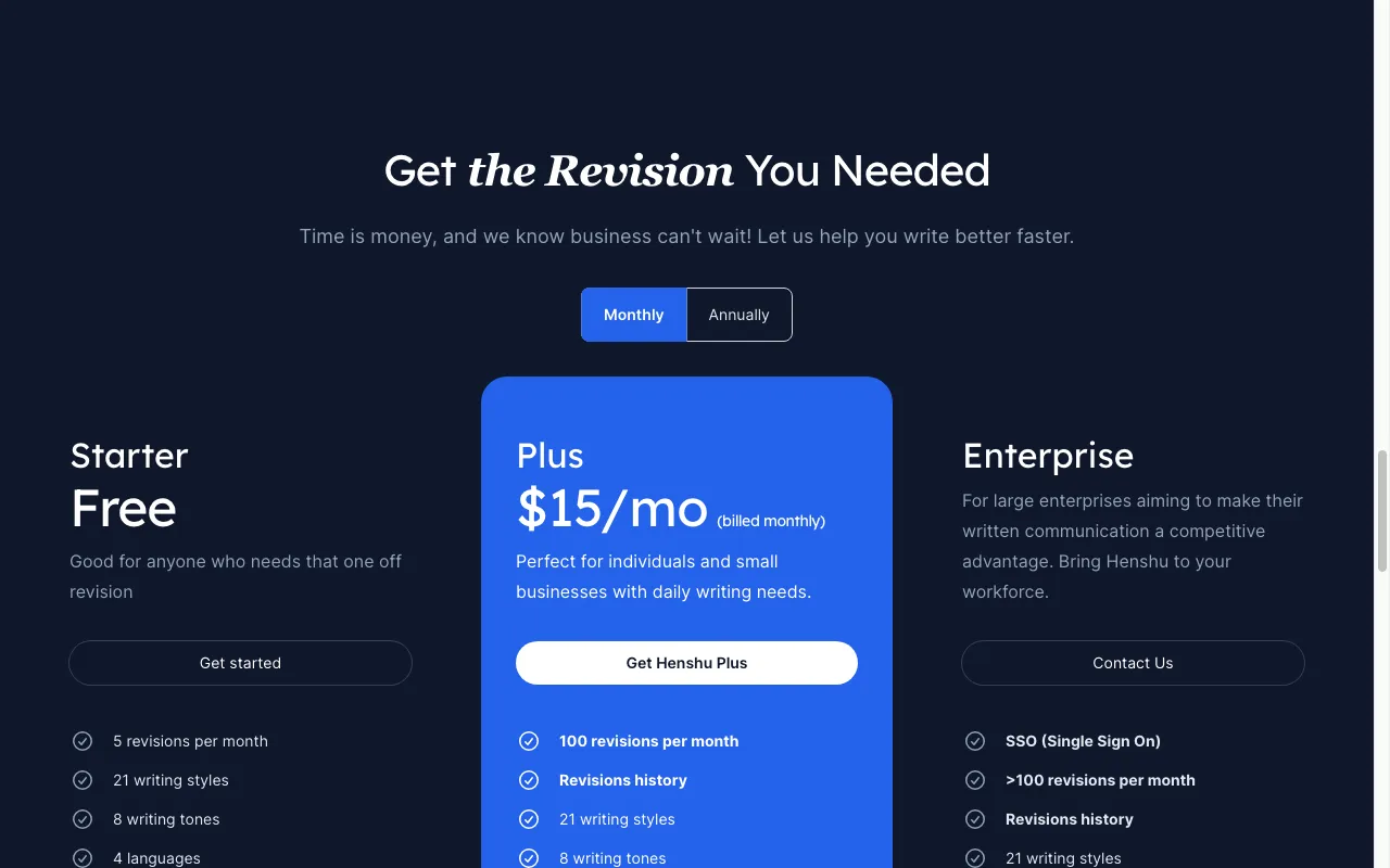 Henshu.ai — pricing page