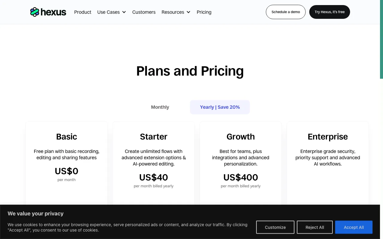 Hexus AI — pricing page