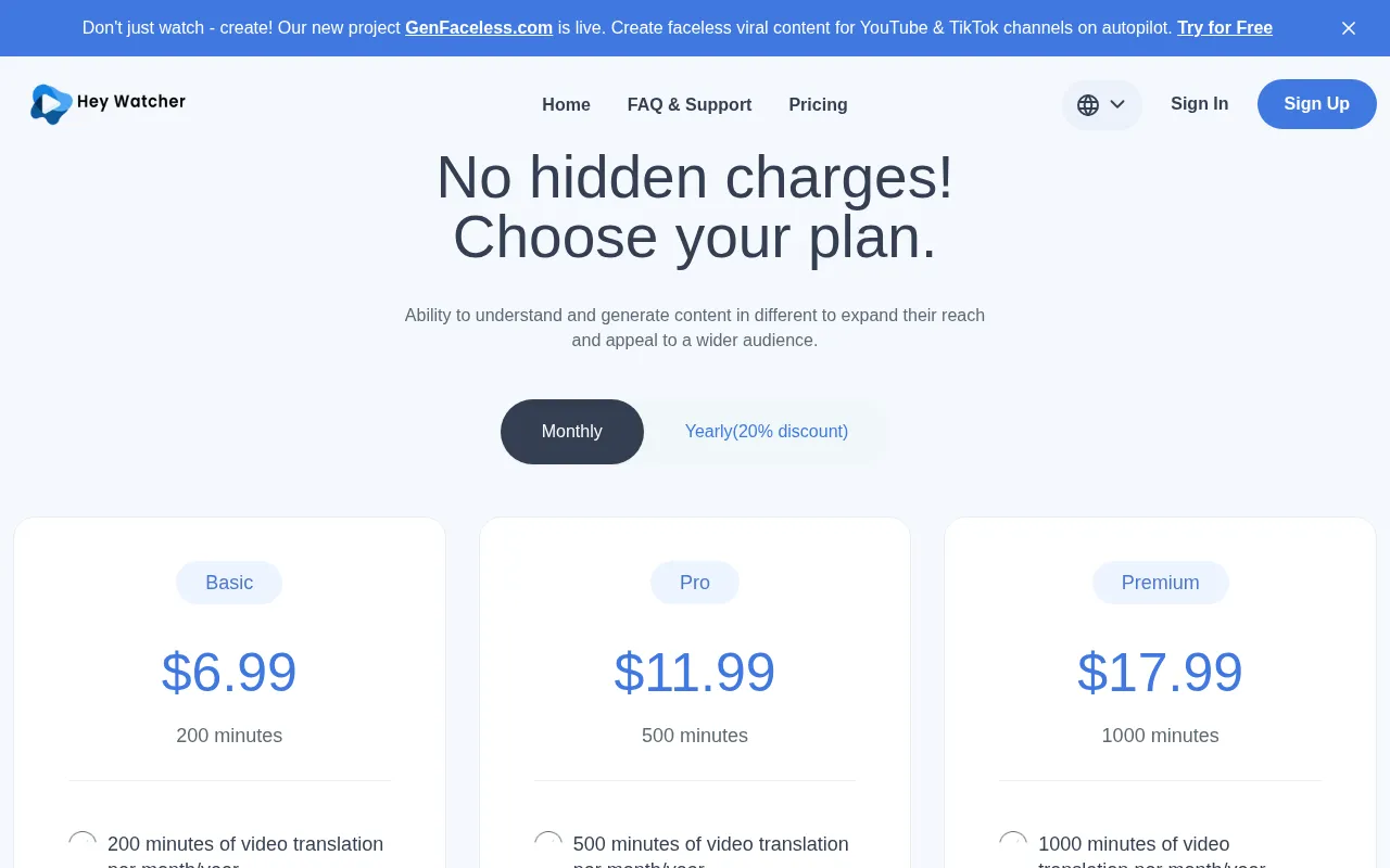 Hey Watcher AI — pricing page