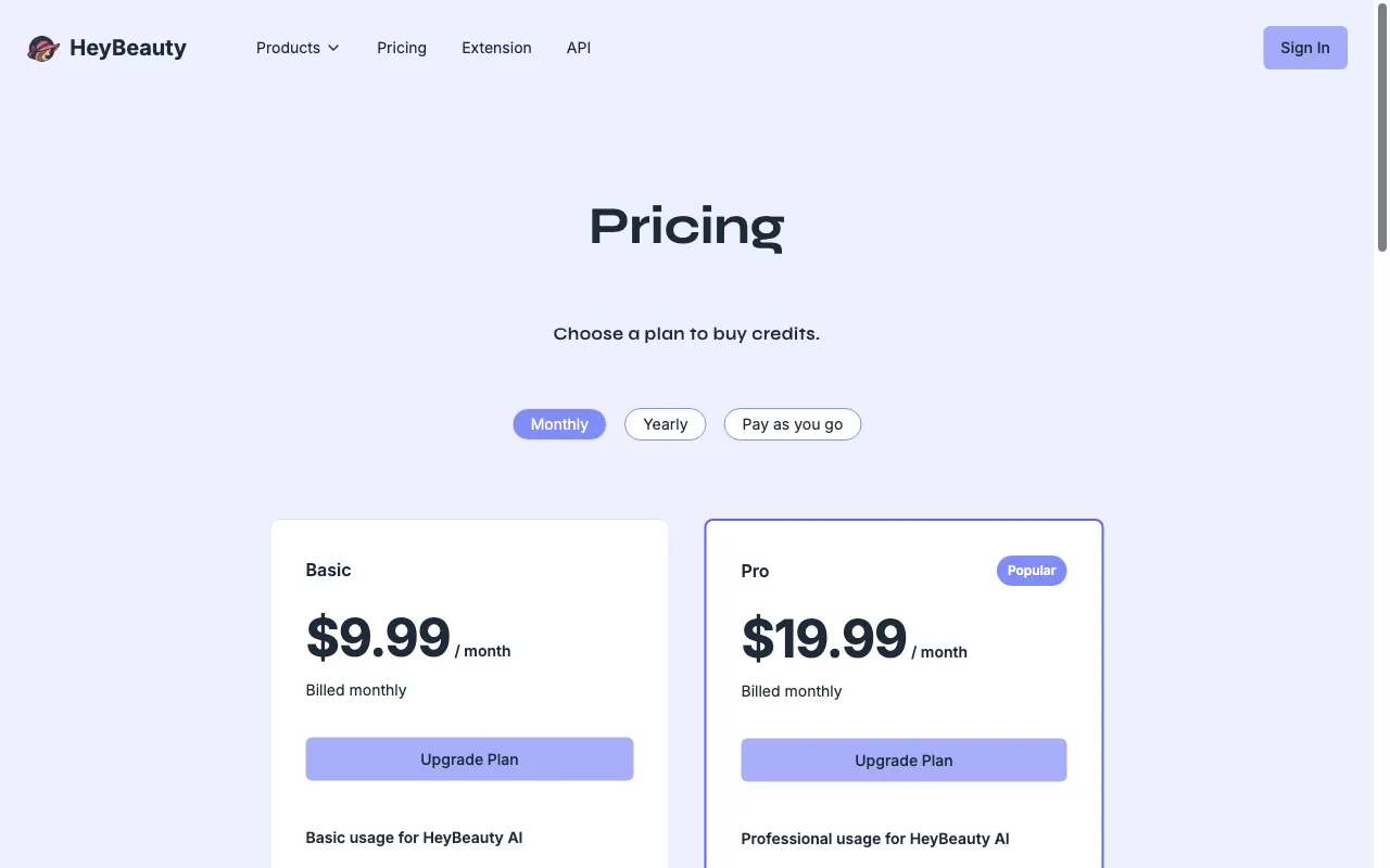HeyBeauty — pricing page