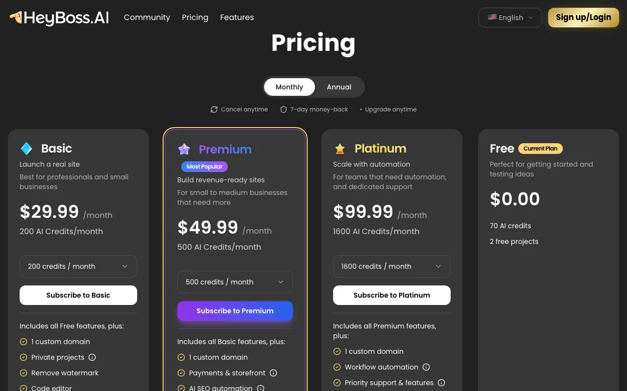 HeyBoss.AI — pricing page