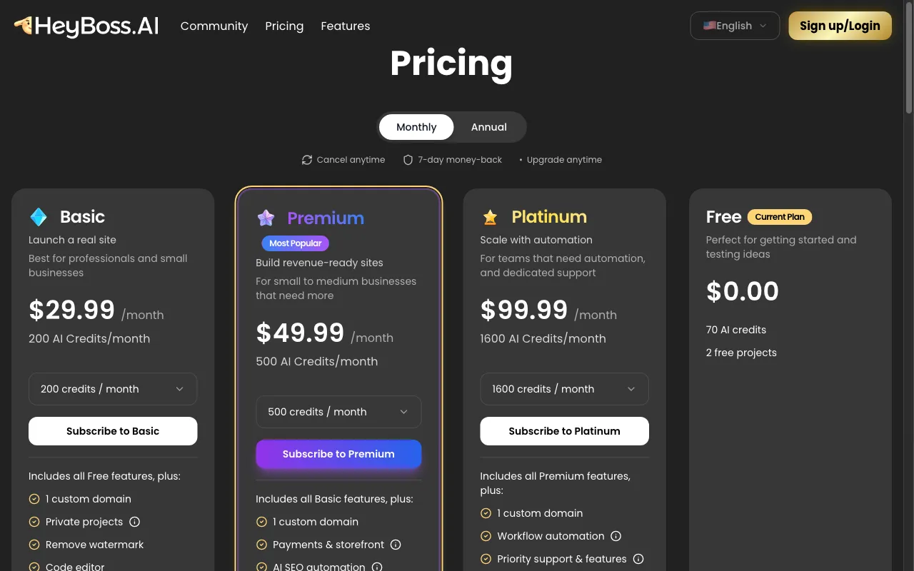 HeyBoss — pricing page