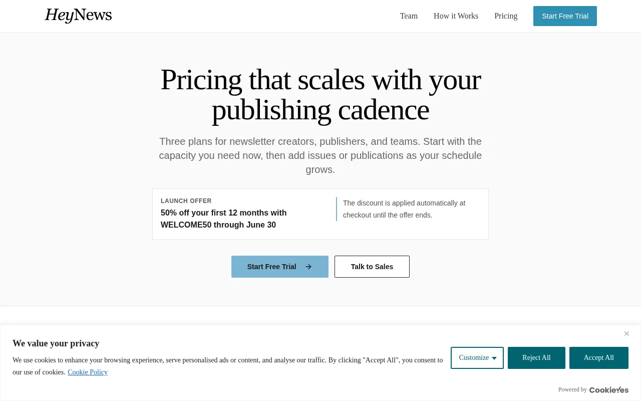 HeyNews.co — pricing page