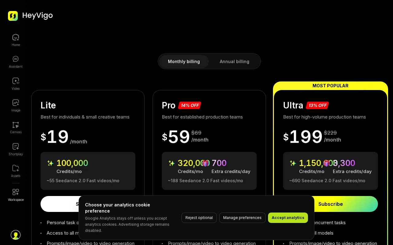 HeyVigo AI — pricing page