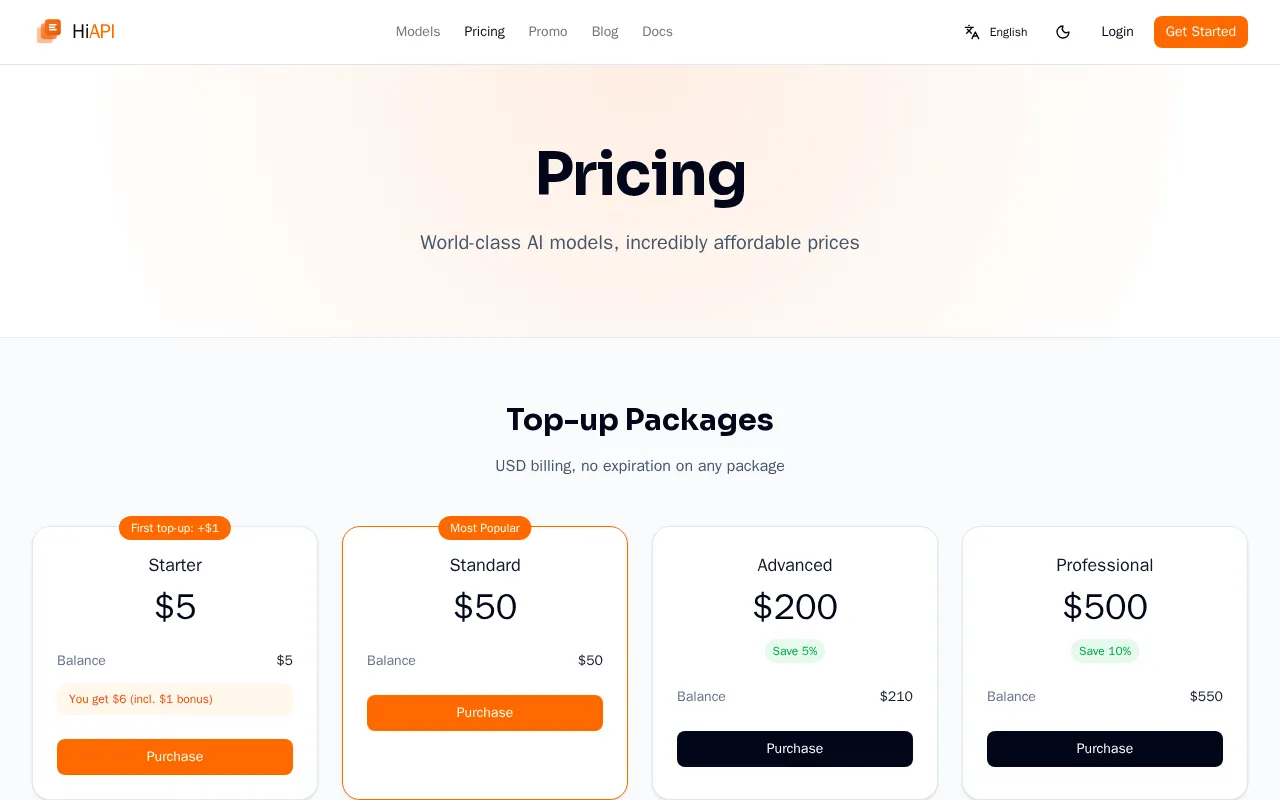 HiAPI — pricing page