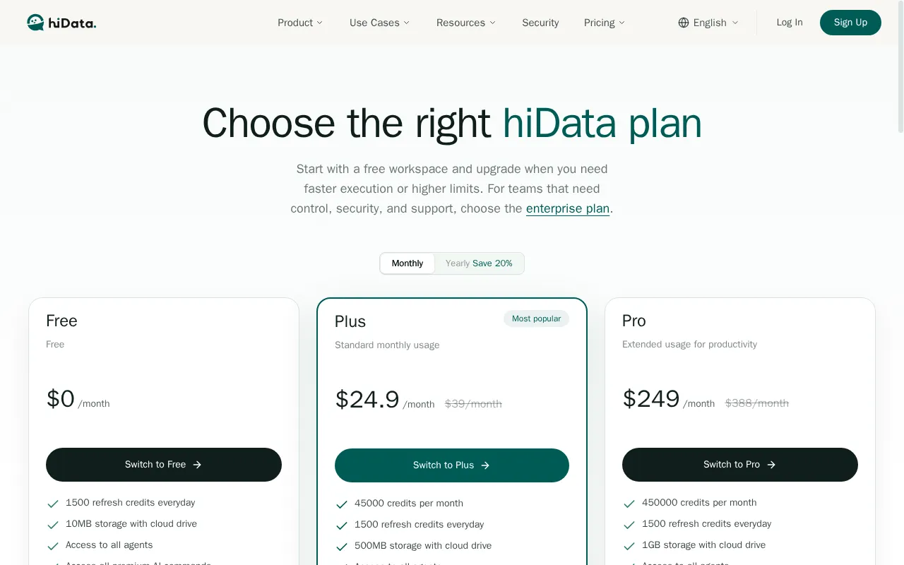 hiData — pricing page