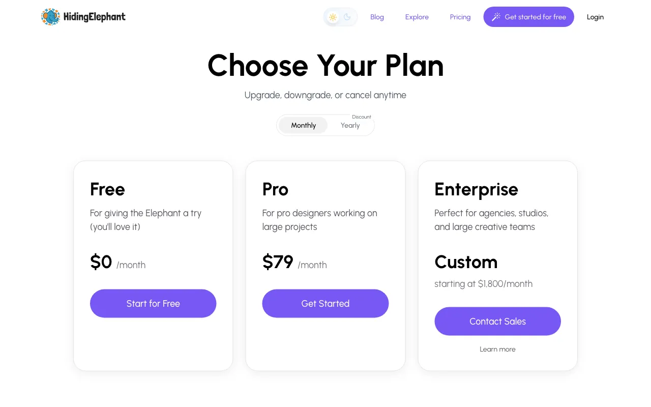 Hiding Elephant — pricing page