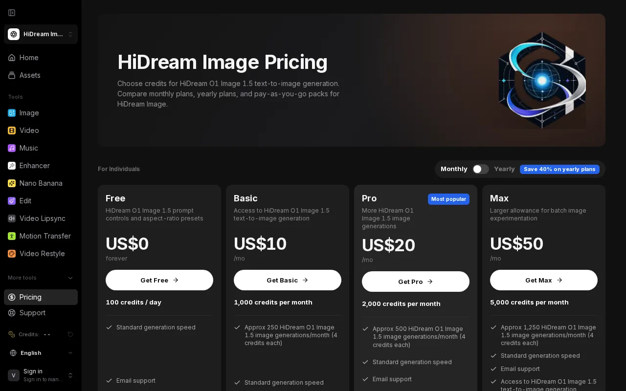 HiDream AI — pricing page