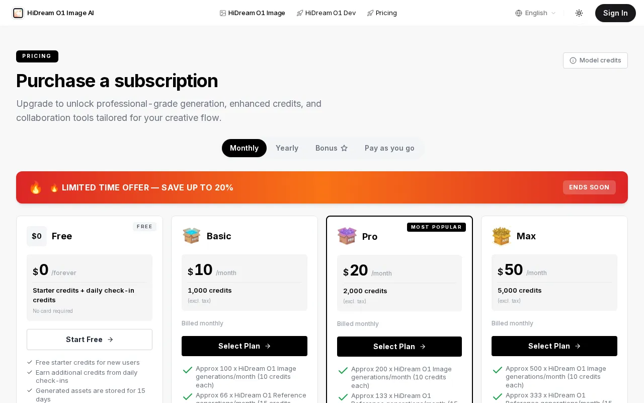 HiDream O1 Image — pricing page
