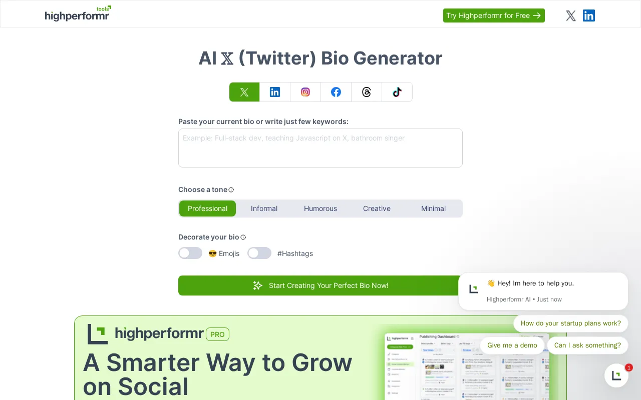 HighPerformr Social Bio — preview screenshot