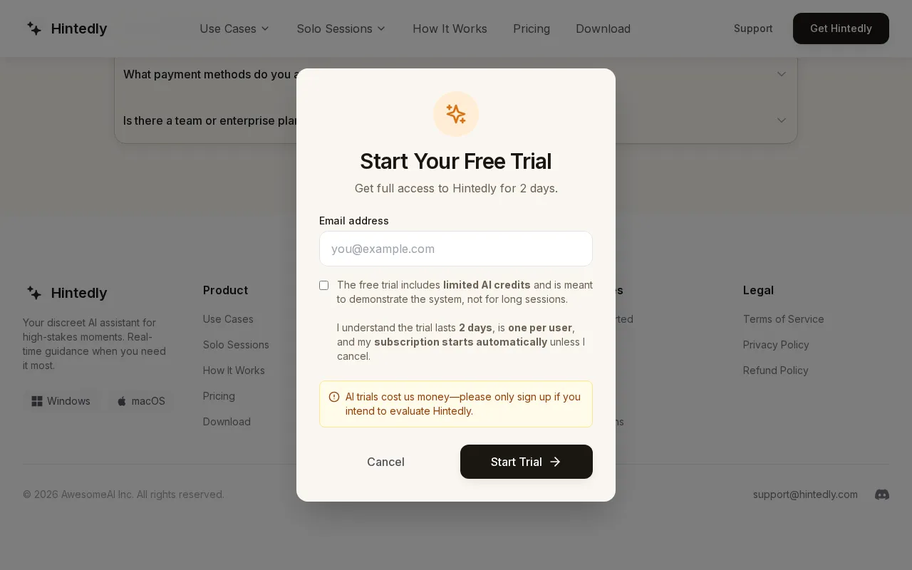 Hintedly — pricing page