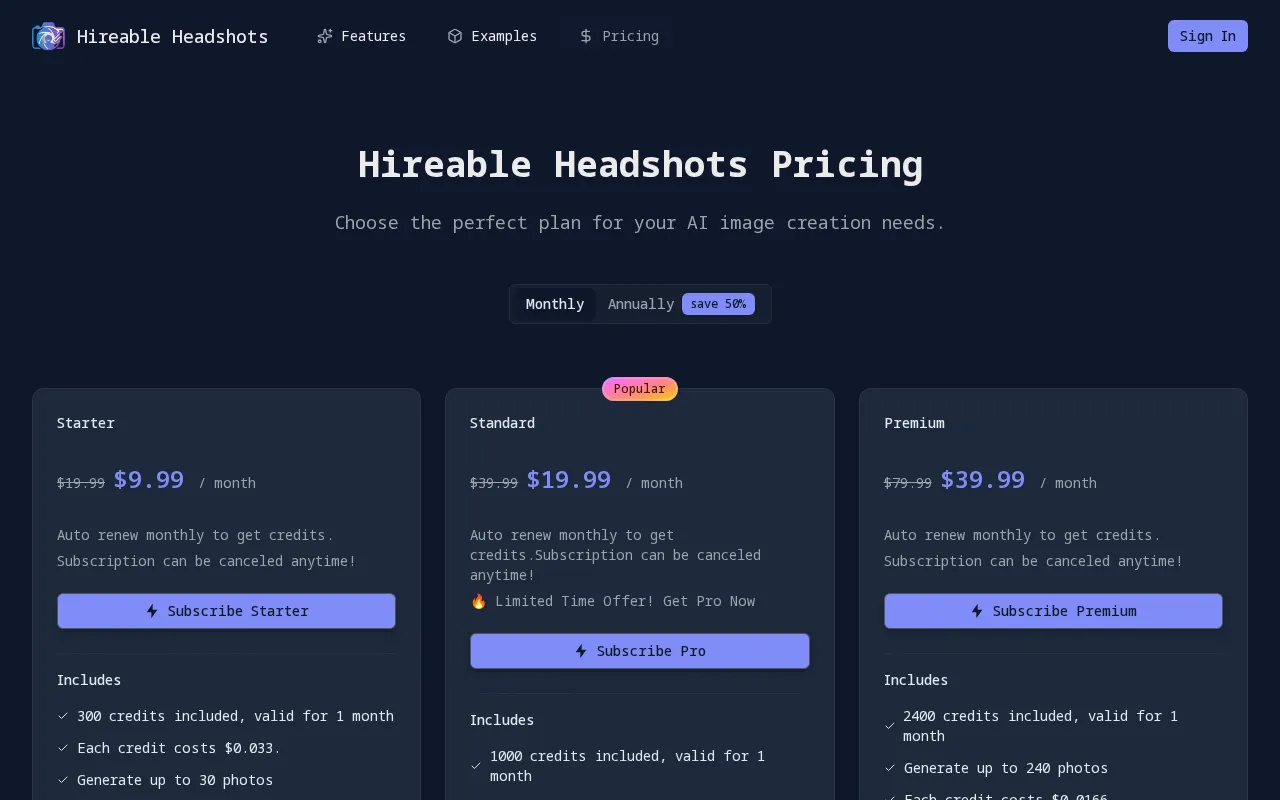Hireable Headshots — pricing page