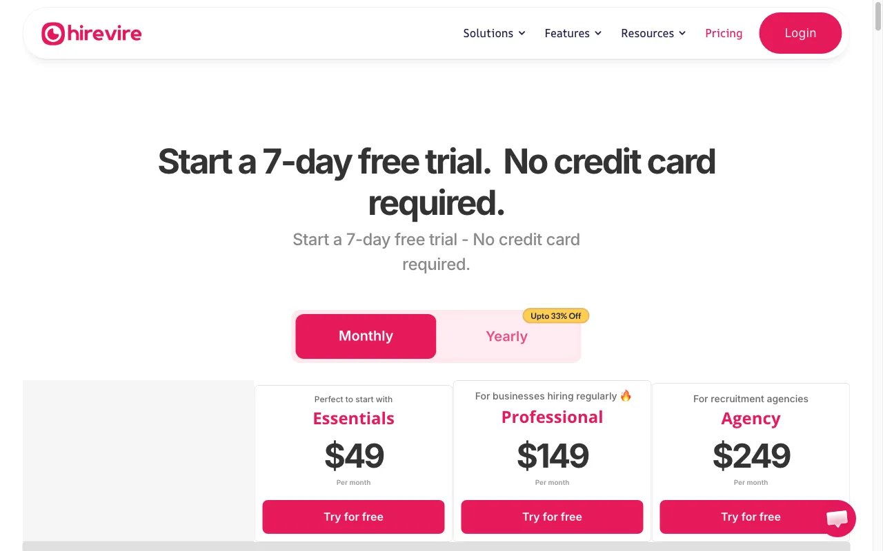 Hirevire — pricing page