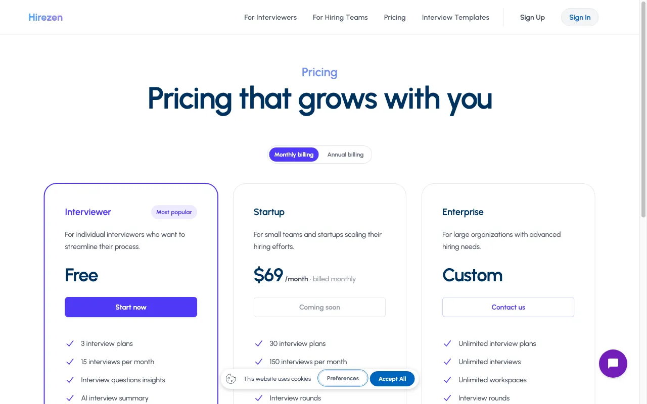Hirezen — pricing page