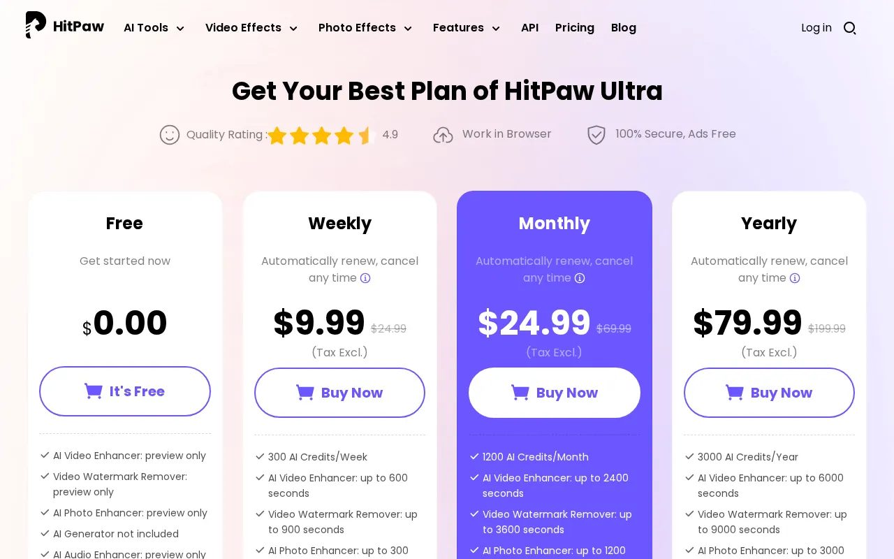 HitPaw Online Video Enhancer — pricing page