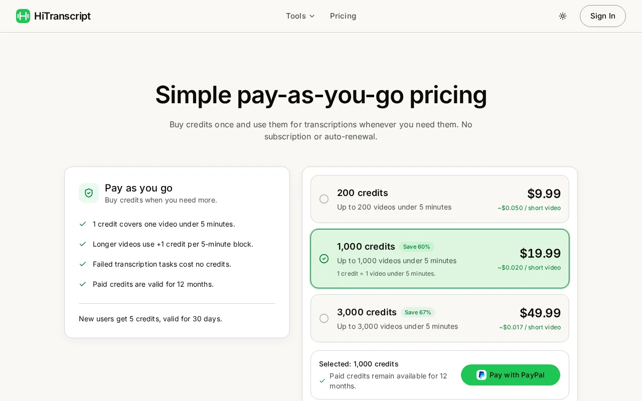HiTranscript — pricing page