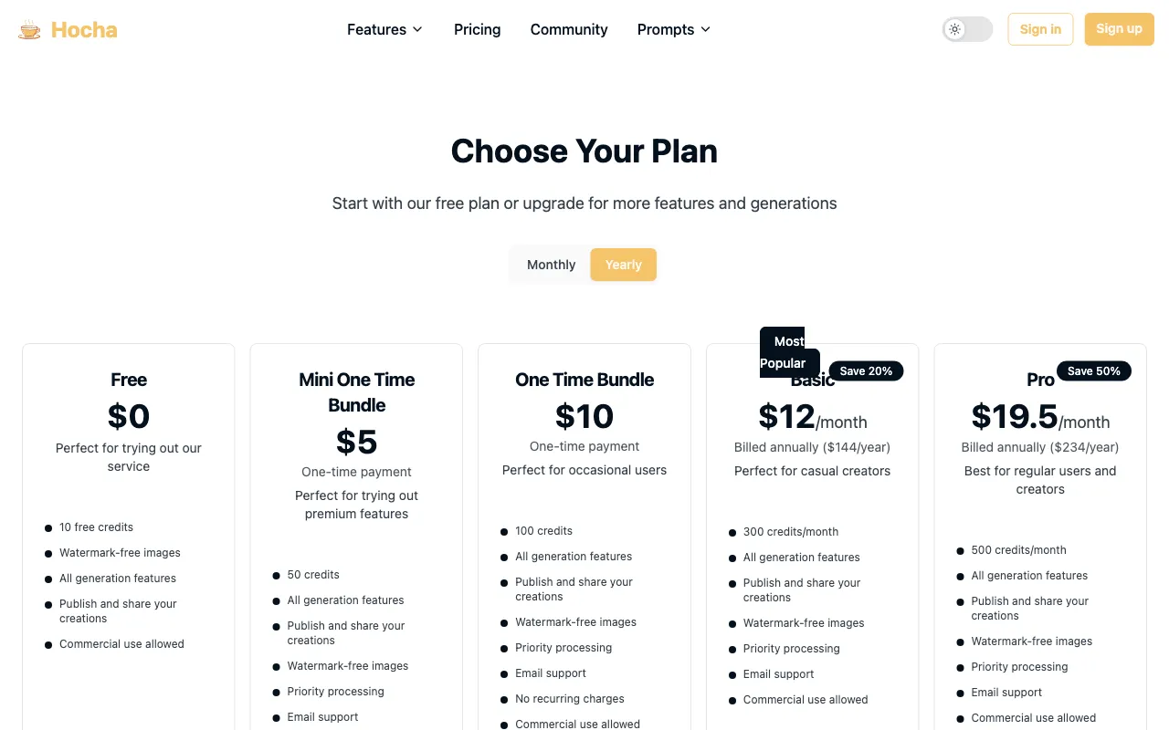 Hocha AI — pricing page