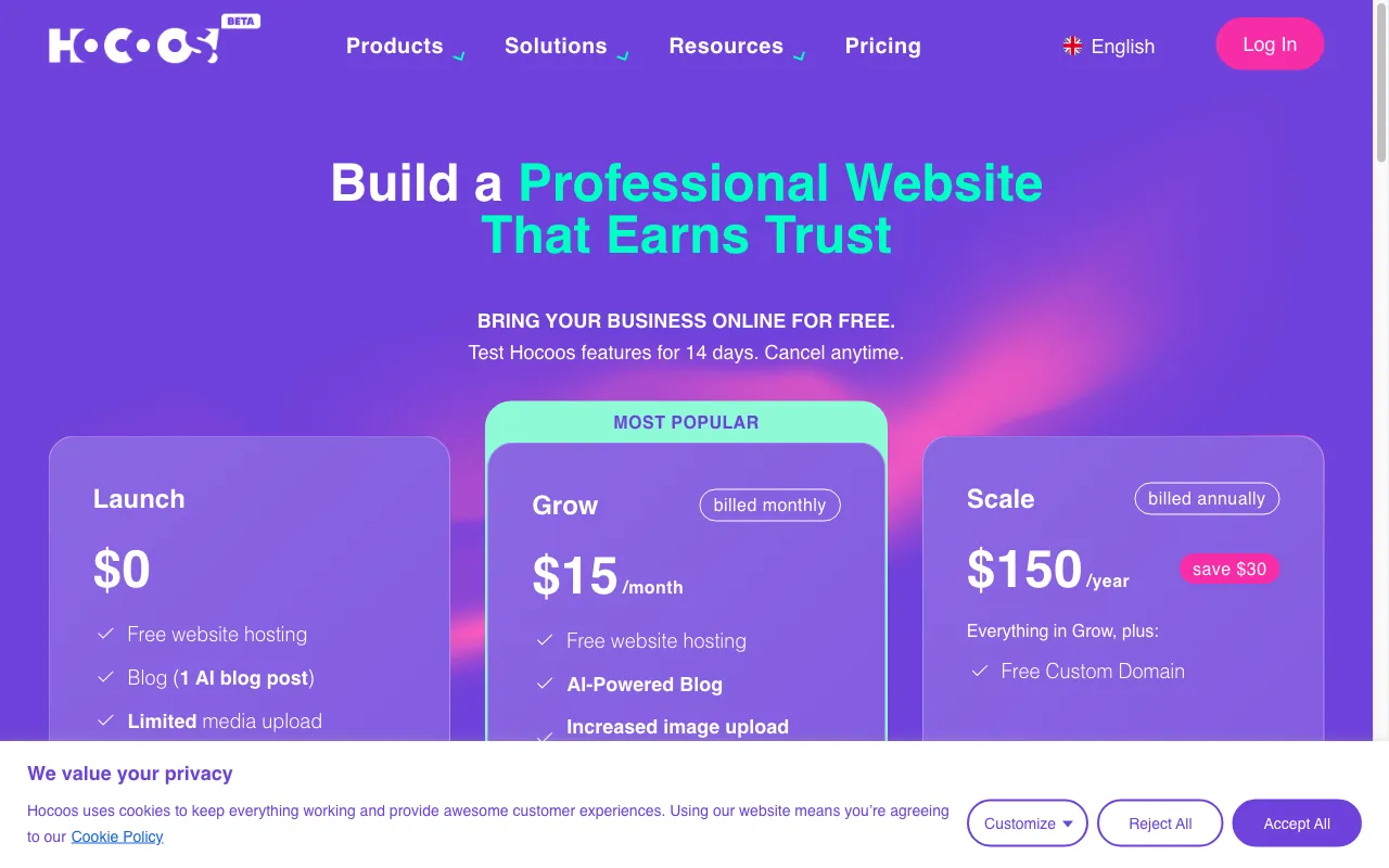 Hocoos AI Website Builder — pricing page