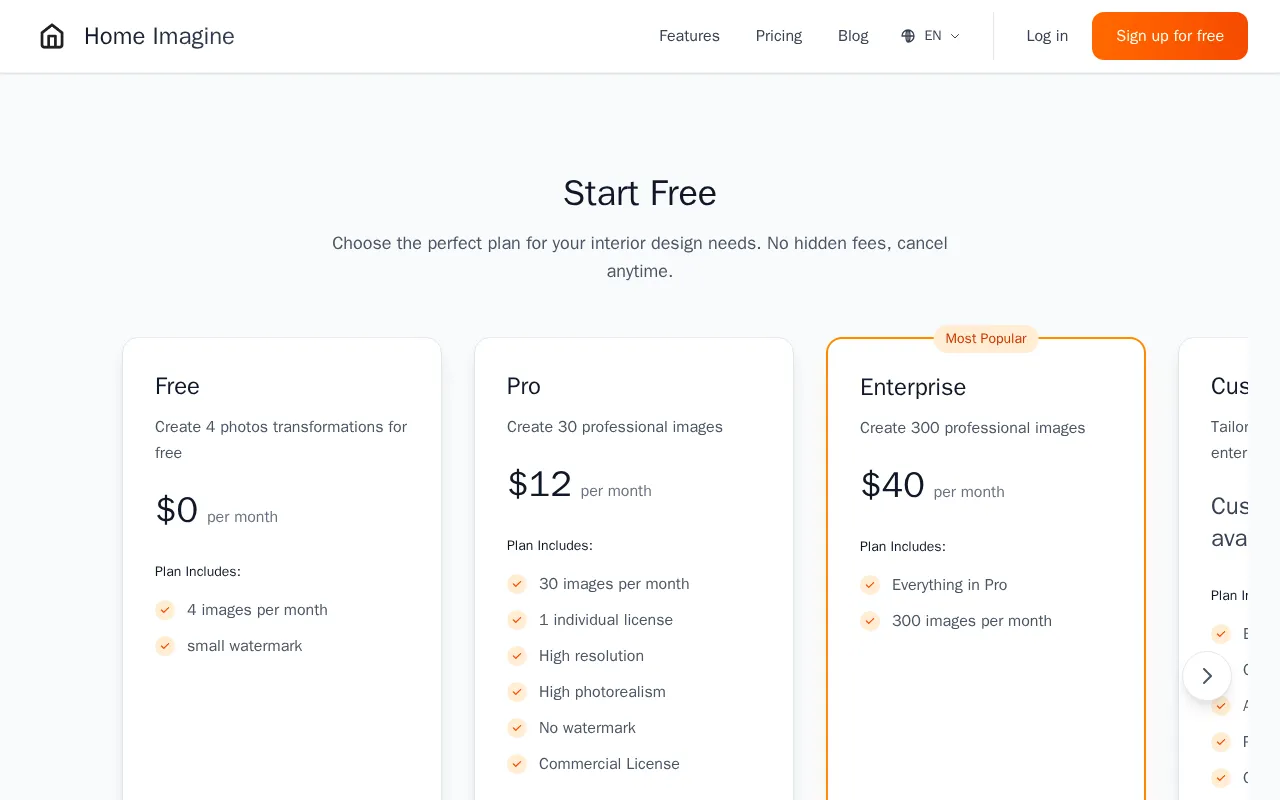 Home Imagine — pricing page