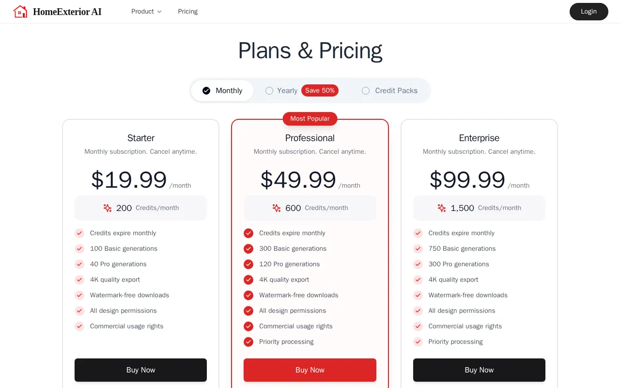 HomeExterior AI — pricing page