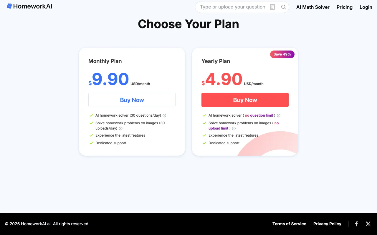 HomeworkAI ai — pricing page
