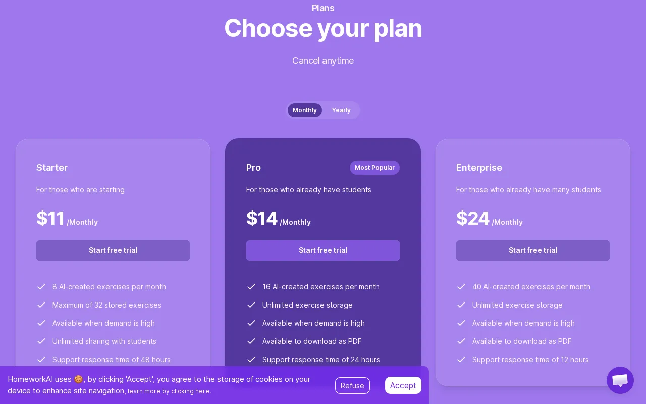 HomeworkAI — pricing page