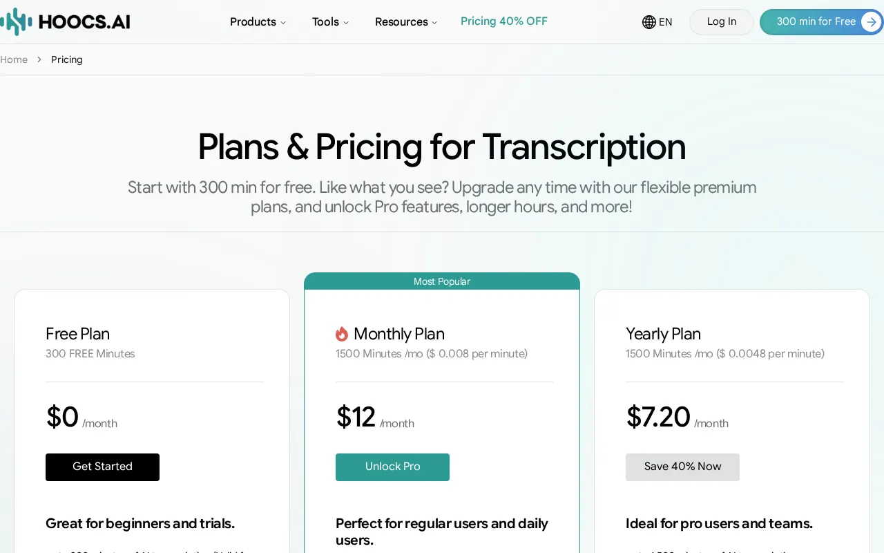 Hoocs AI — pricing page