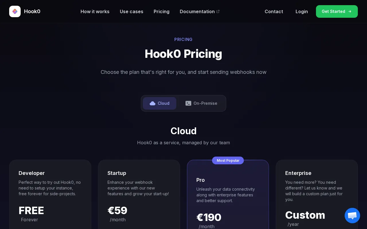Hook0 — pricing page