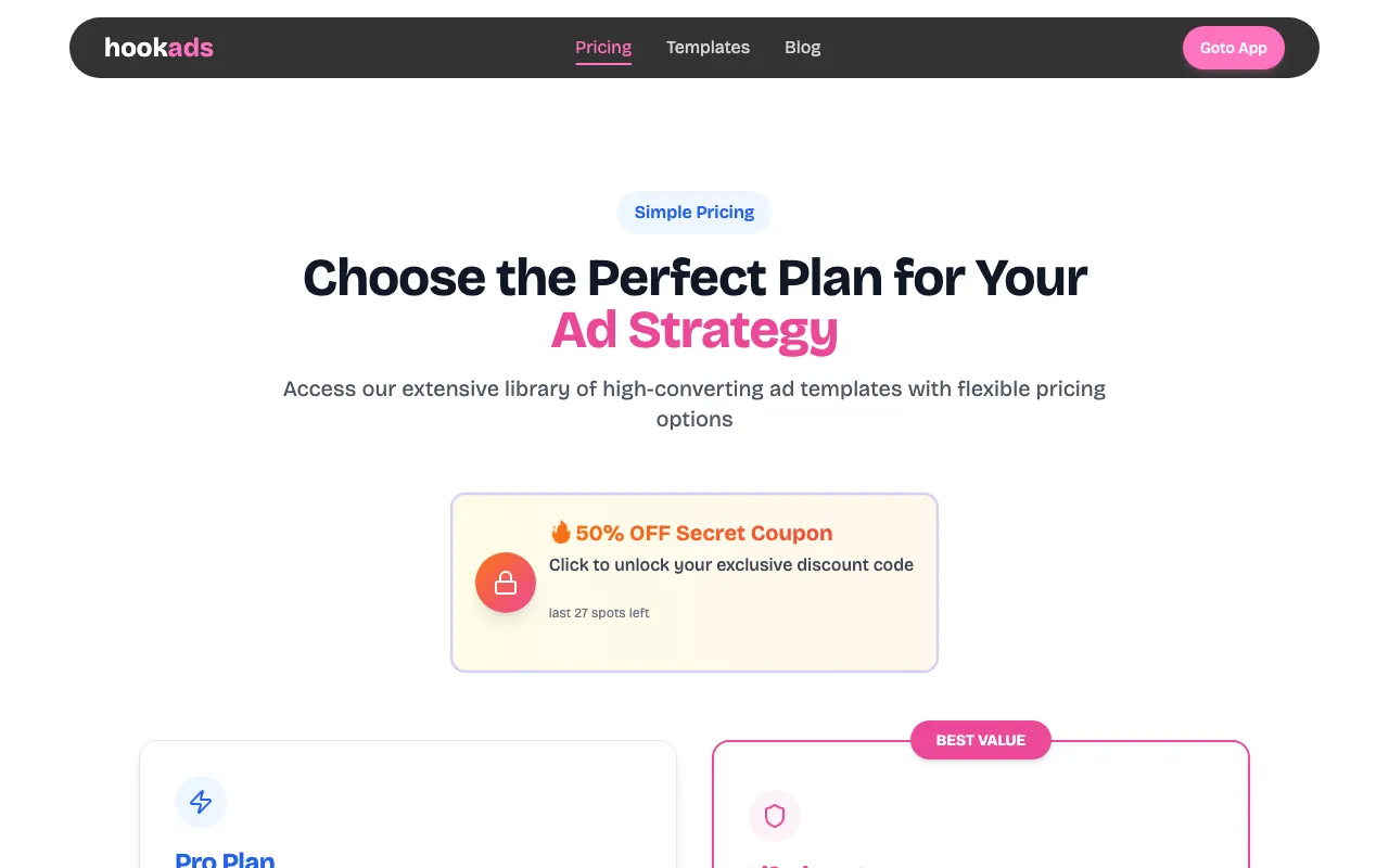 HookAds AI — pricing page