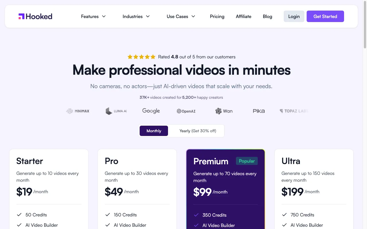 Hooked — pricing page